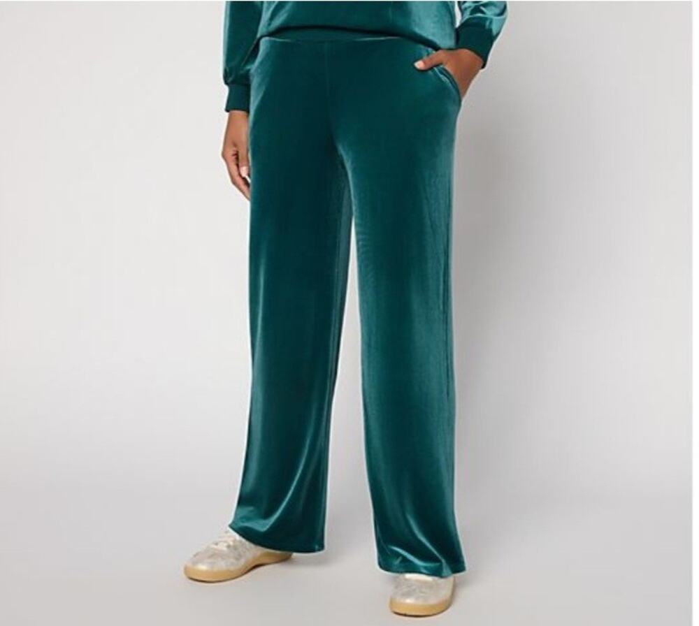 Logo Lori Goldstein Large Sea Moss Green Velvet Full Length Pant A712610 NWOT